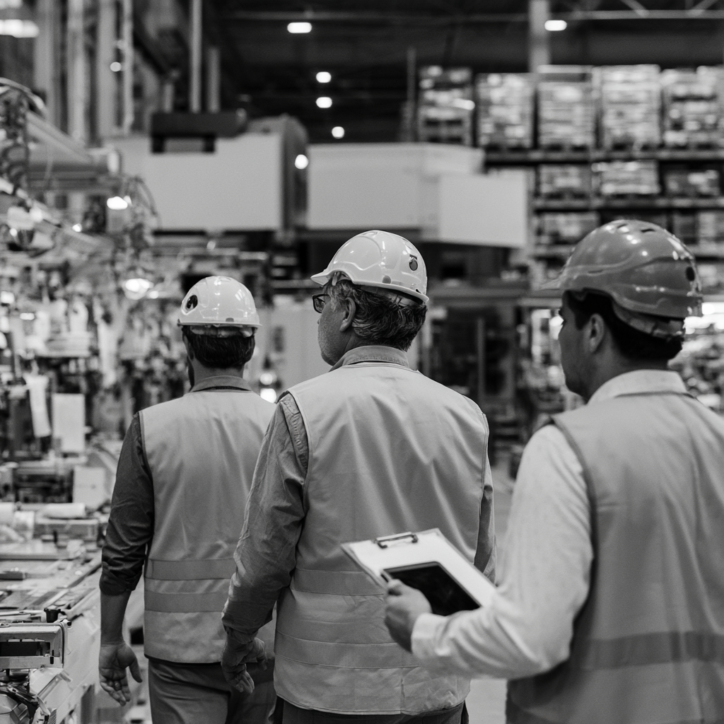 Industrial facility walkthrough in monochrome documentary style