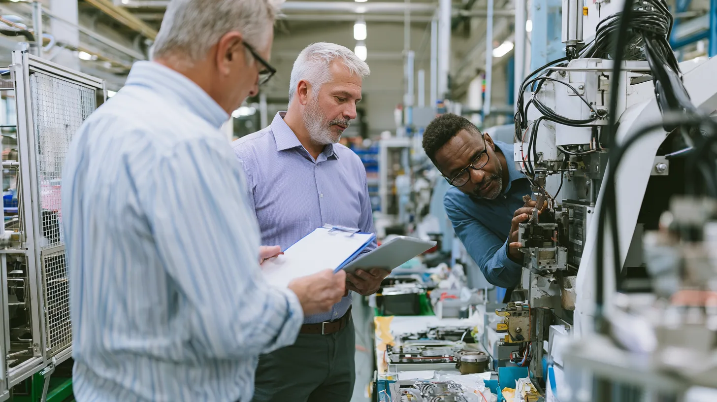 Buyer and supplier engineers reviewing production equipment and technical requirements on a factory floor.