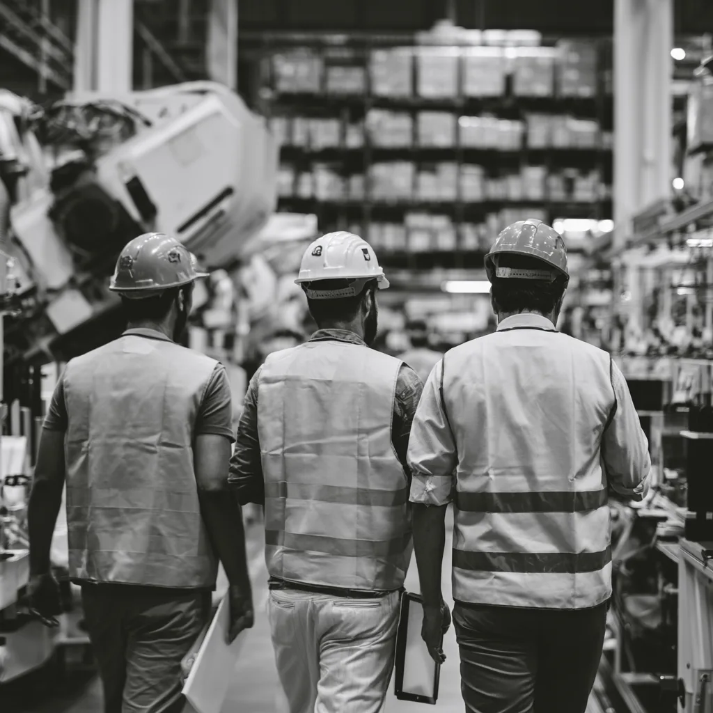 Factory inspectors walking a production floor to evaluate supplier capability and export readiness.
